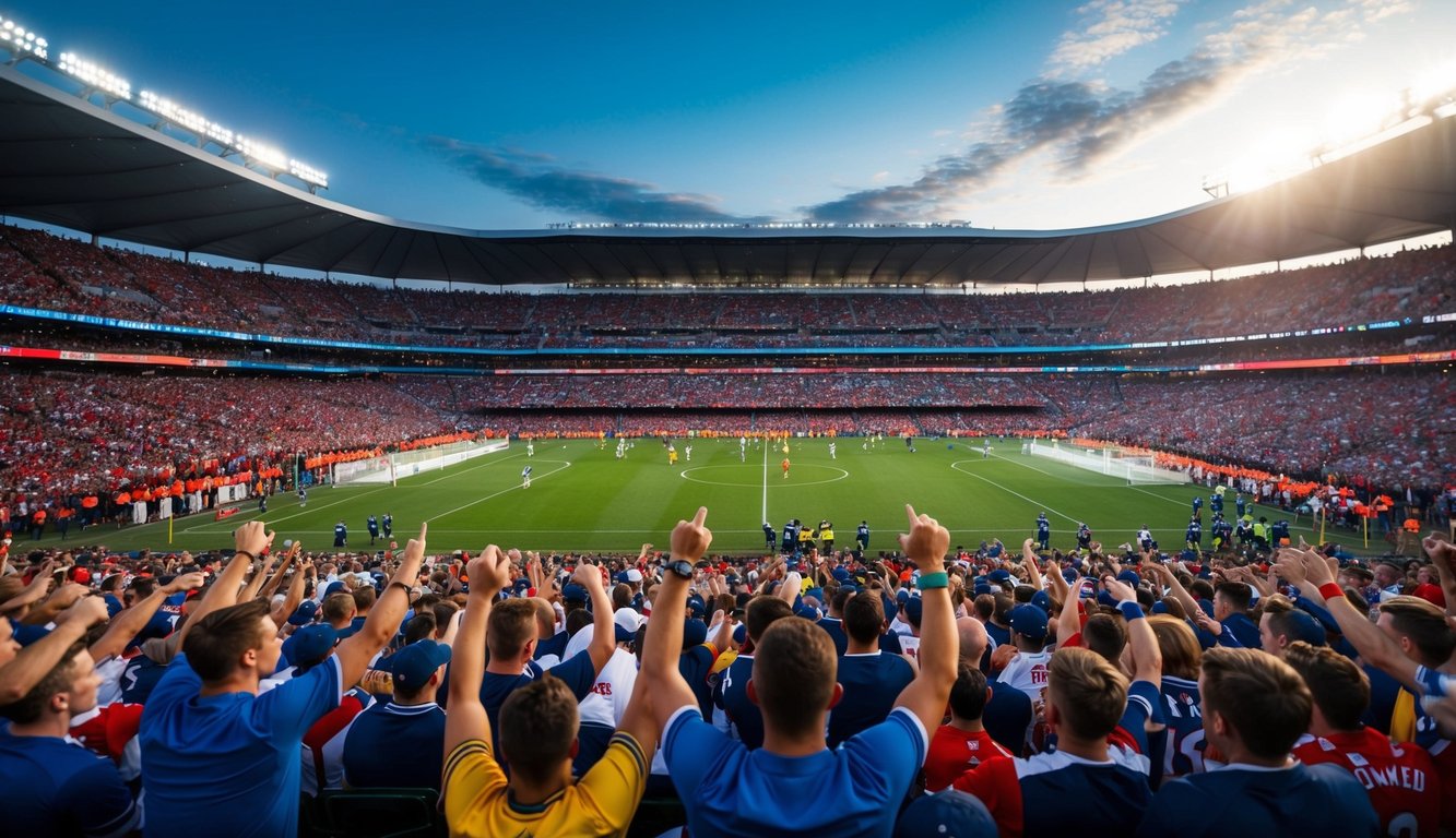 Sebuah stadion olahraga yang ramai dengan penggemar yang bersorak dan pemain di lapangan