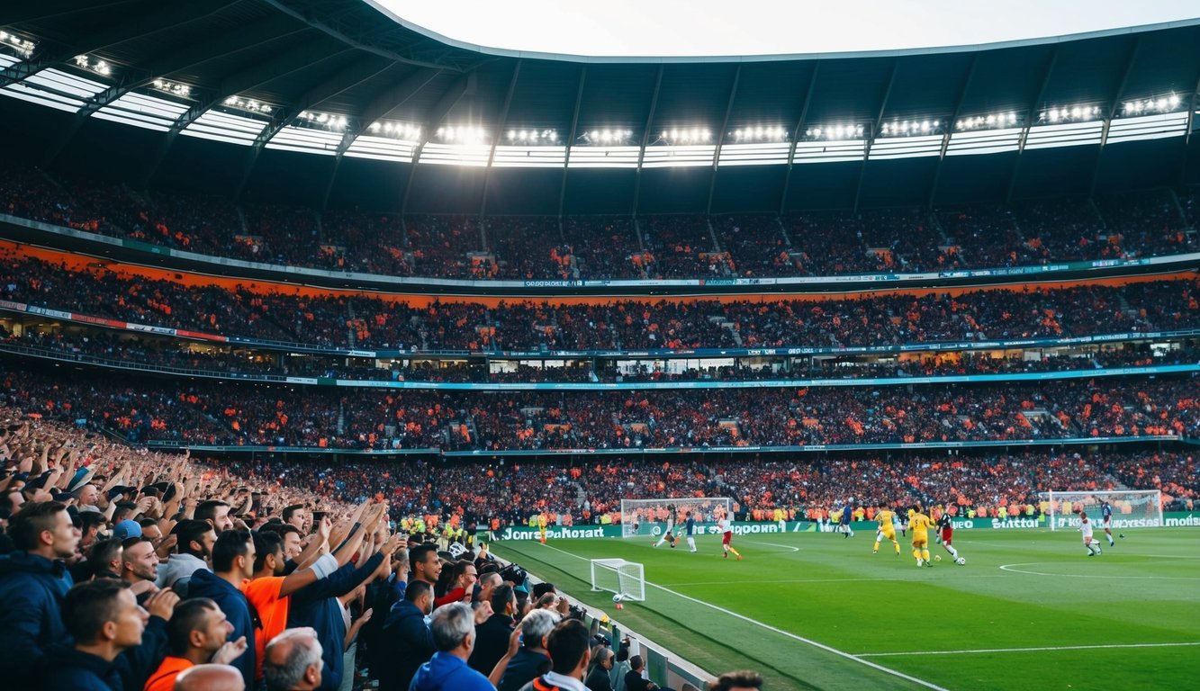 Sebuah stadion olahraga yang ramai dengan penggemar yang bersorak dan pertandingan sepak bola yang sedang berlangsung