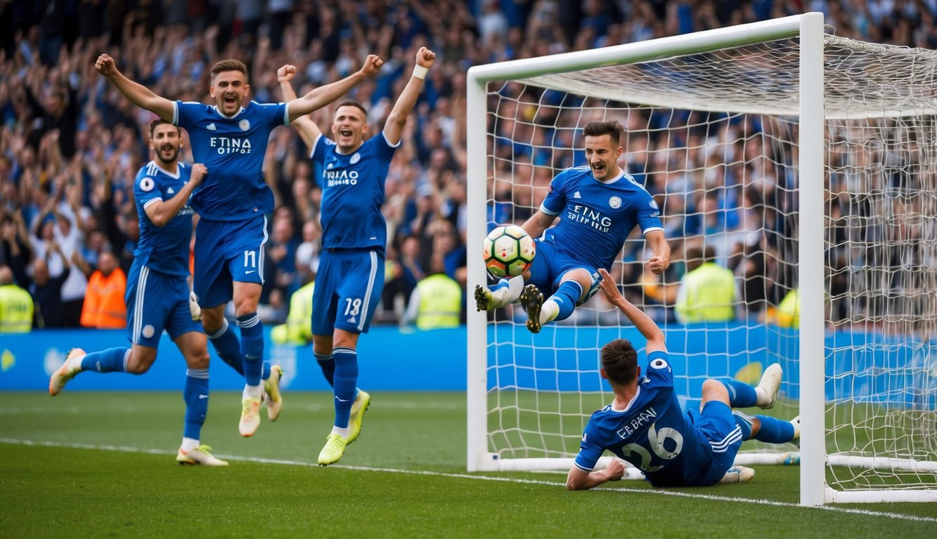 Sebuah bola sepak terbang ke dalam jaring gawang, dikelilingi oleh para penggemar yang bersorak dan pemain yang merayakan