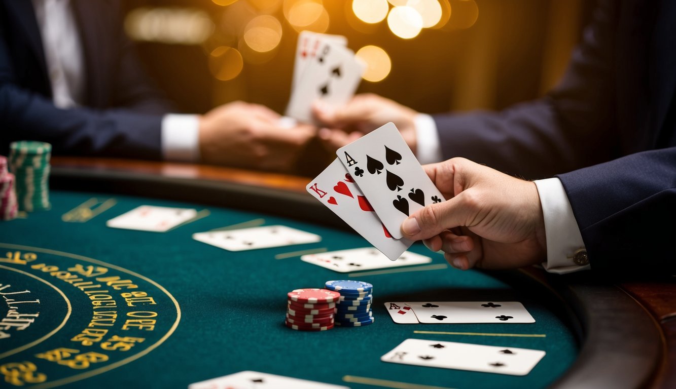 Sebuah meja blackjack dengan kartu, chip, dan tangan dealer yang membagikan kartu kepada pemain