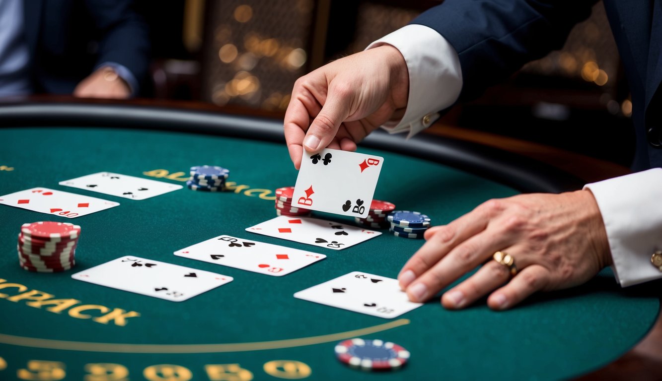 Meja blackjack dengan kartu, chip, dan tangan dealer yang membagikan putaran baru