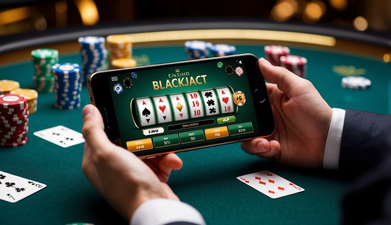 Sebuah tangan memegang smartphone dengan permainan blackjack ditampilkan di layar, dikelilingi oleh chip kasino dan kartu