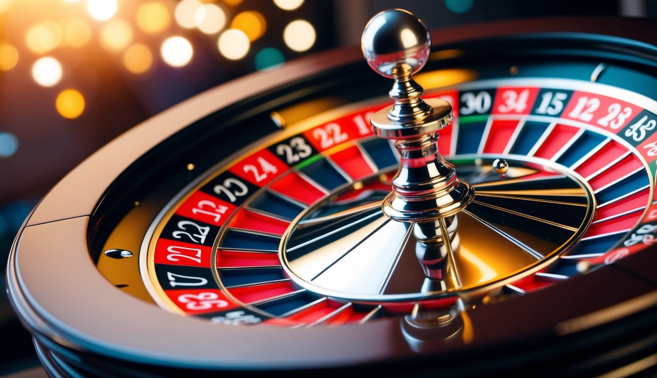 Roda roulette yang berputar dengan slot bernomor berwarna-warni dan bola perak kecil yang melompat-lompat