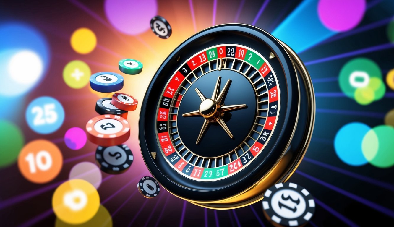 Roda roulette digital berputar di antarmuka yang ramping dan modern, dikelilingi oleh opsi taruhan berwarna-warni dan latar belakang yang hidup dan dinamis.