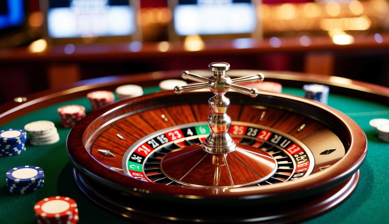 Roda roulette berputar dengan chip yang ditempatkan di meja taruhan