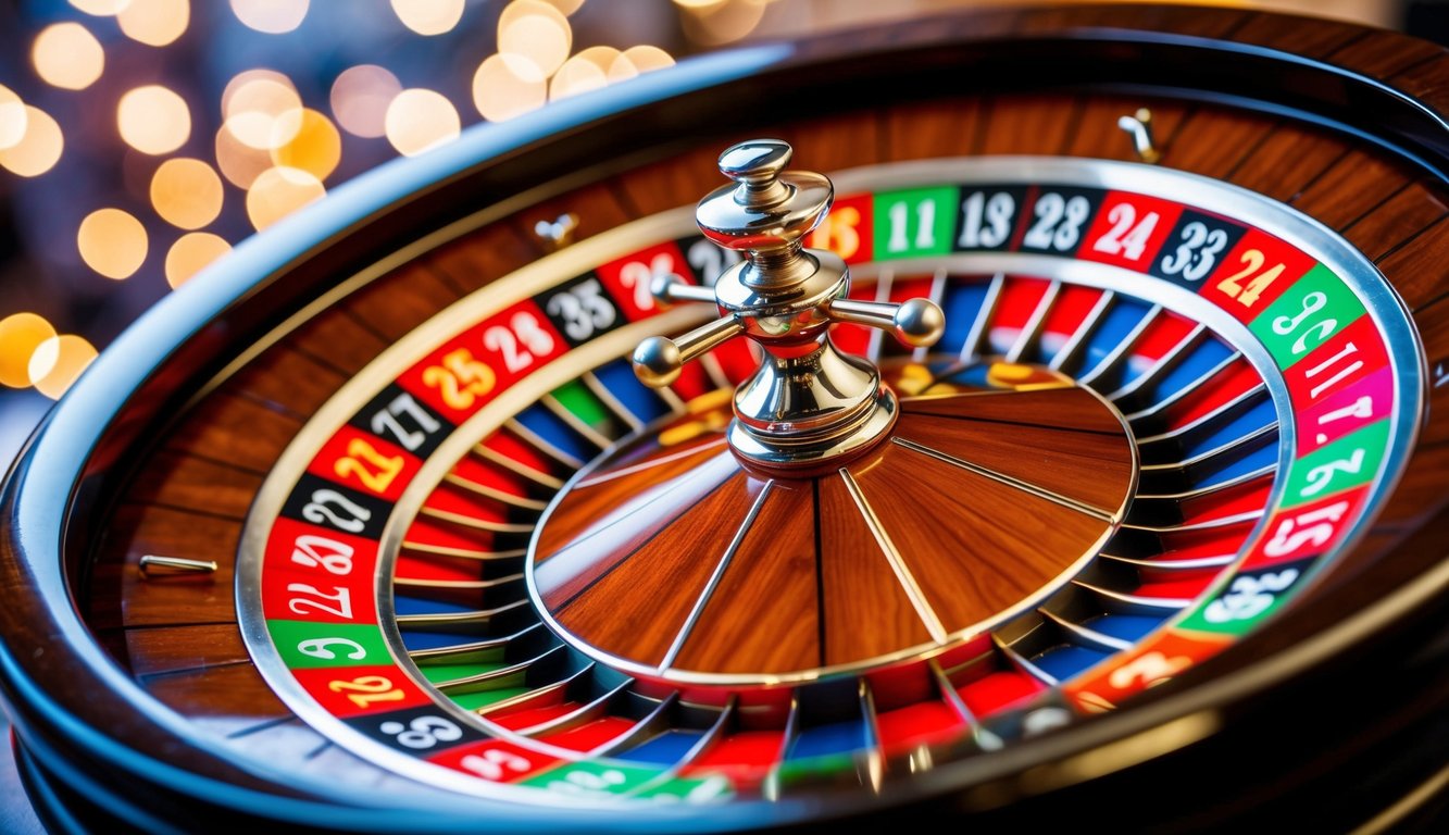 Roda roulette yang berputar dengan slot bernomor berwarna-warni dan bola putih kecil yang melompat di dalamnya