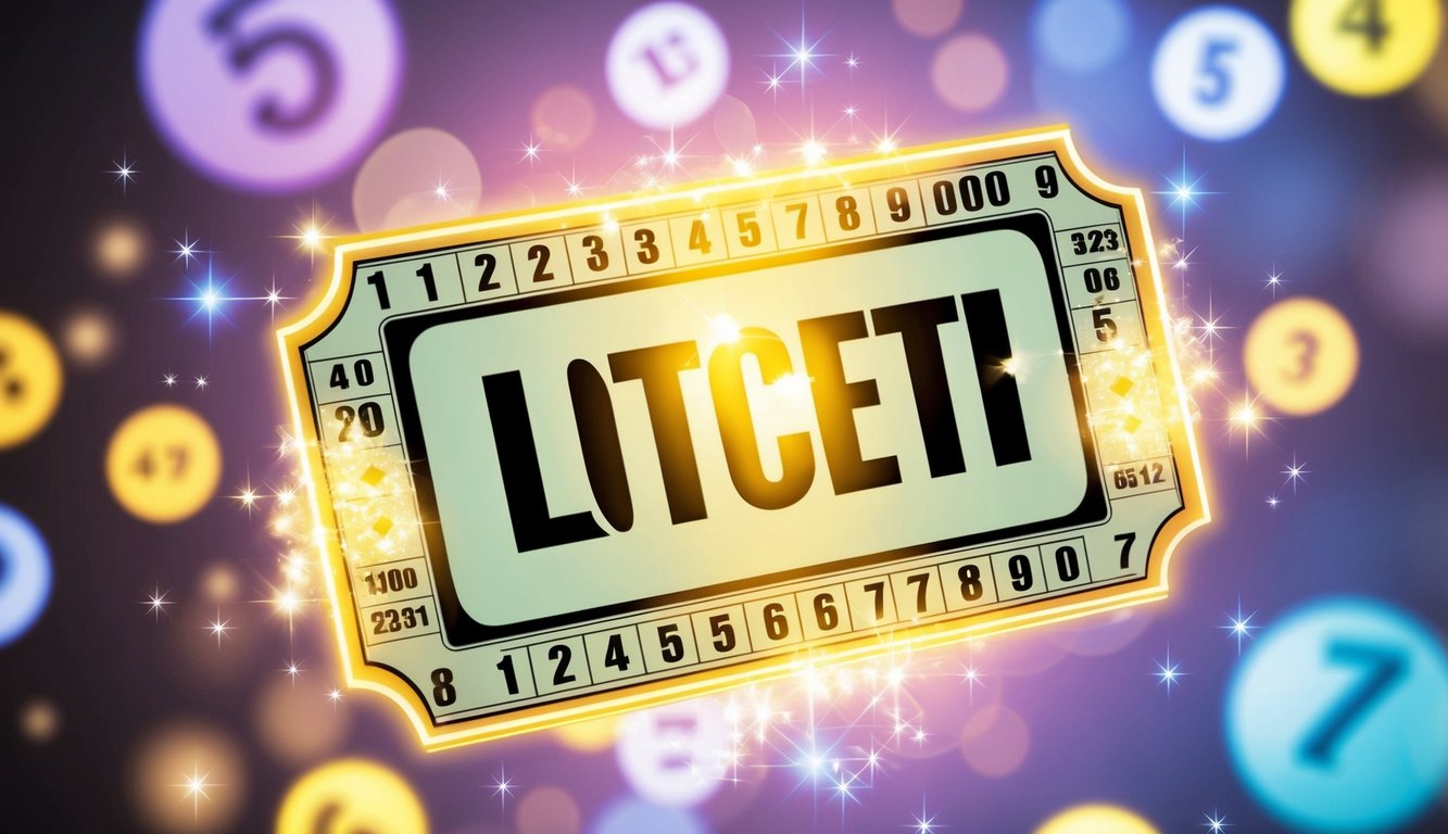 Sebuah tiket lotere tiga dimensi yang bersinar melayang di udara, dikelilingi oleh angka dan simbol yang berkilauan