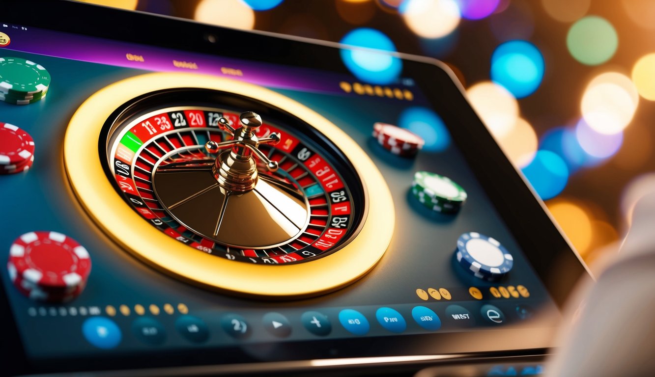 Sebuah roda roulette digital berputar di layar yang bersinar, dikelilingi oleh chip taruhan berwarna-warni dan antarmuka yang ramping dan modern