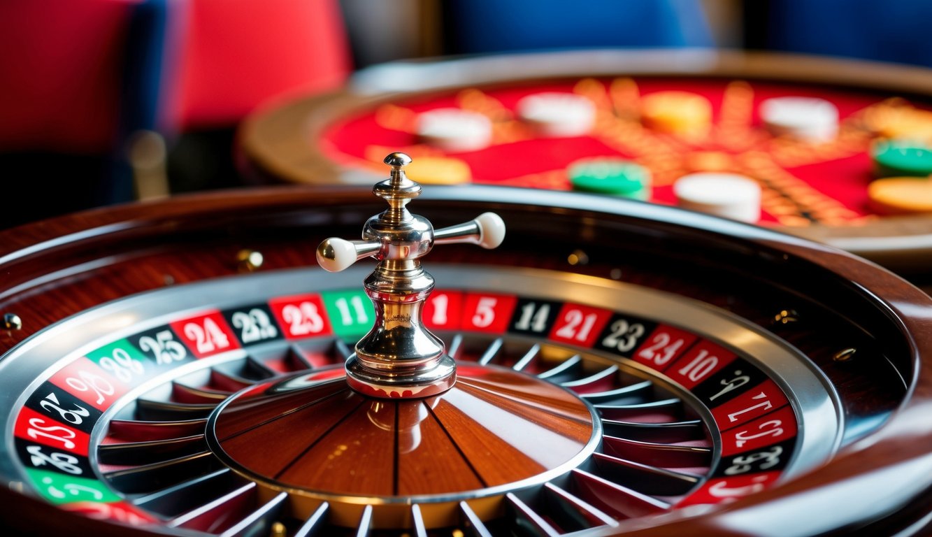 Roda roulette yang berputar dengan slot berwarna dan bola putih kecil