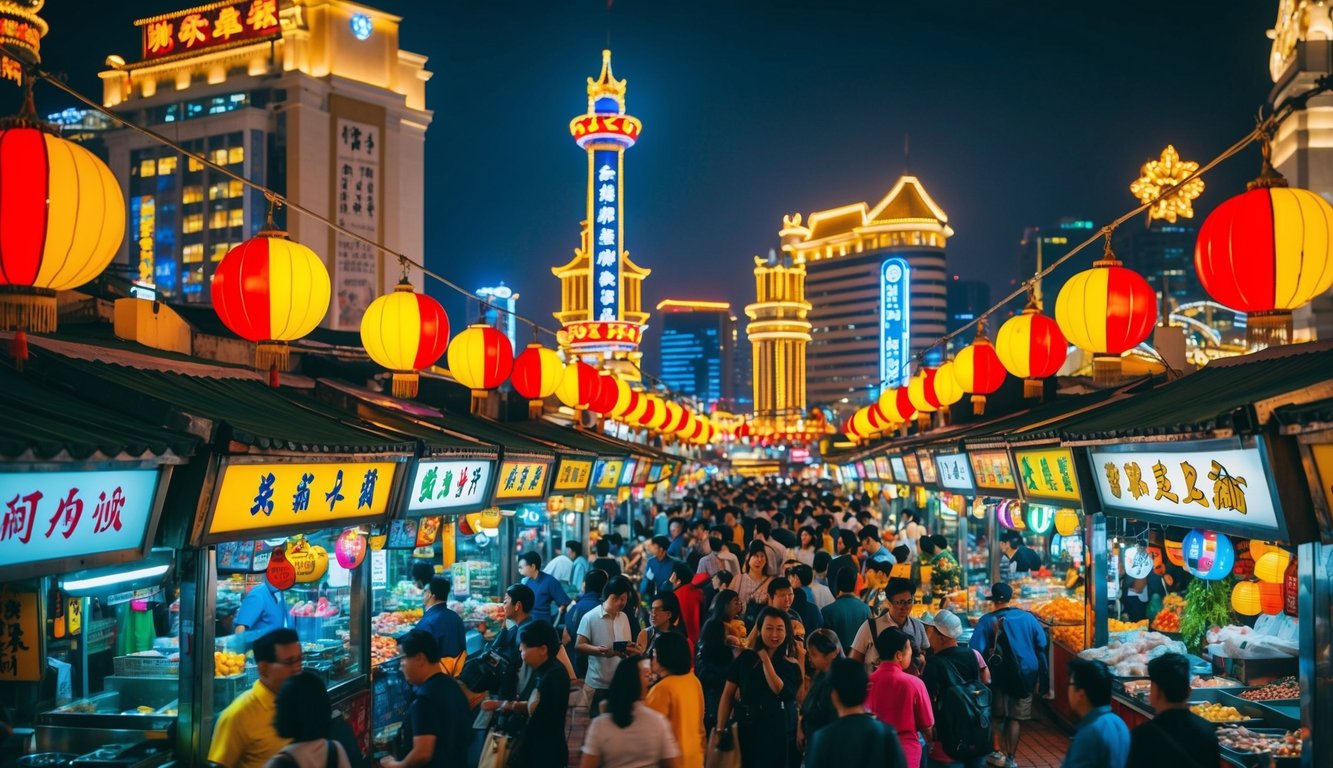 Pasar malam yang berwarna-warni dan hidup di Makau, ramai dengan aktivitas dan dipenuhi berbagai pedagang serta tanda-tanda yang diterangi