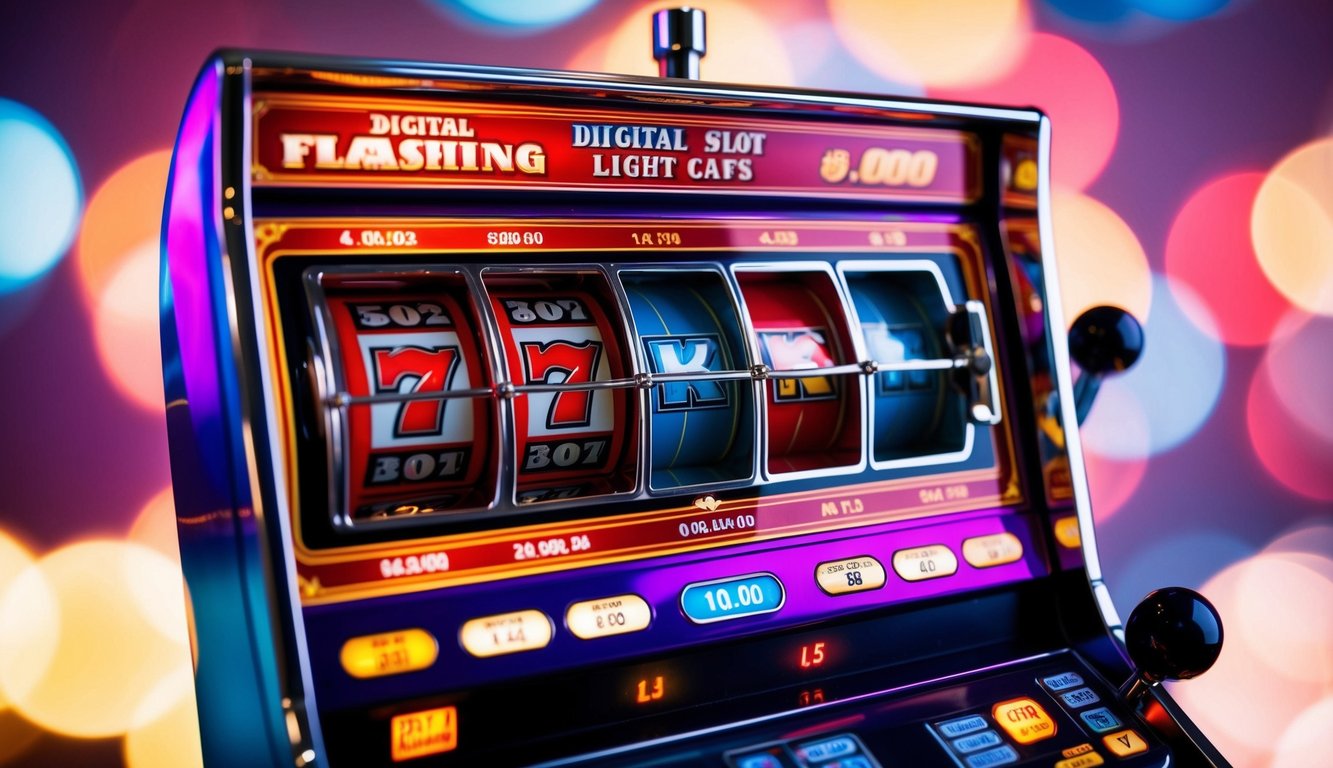 Mesin slot digital berwarna-warni dengan gulungan berputar dan lampu berkedip