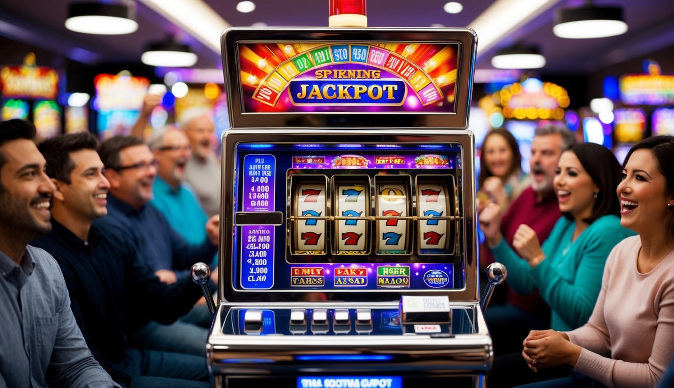 Sebuah mesin slot berwarna-warni dengan lampu berkedip dan gulungan berputar, dikelilingi oleh pemain yang bersemangat berharap untuk mendapatkan jackpot terbesar