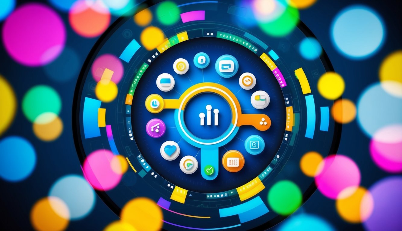 Antarmuka digital yang hidup dengan grafik berwarna-warni dan elemen interaktif, dikelilingi oleh desain yang ramping dan modern