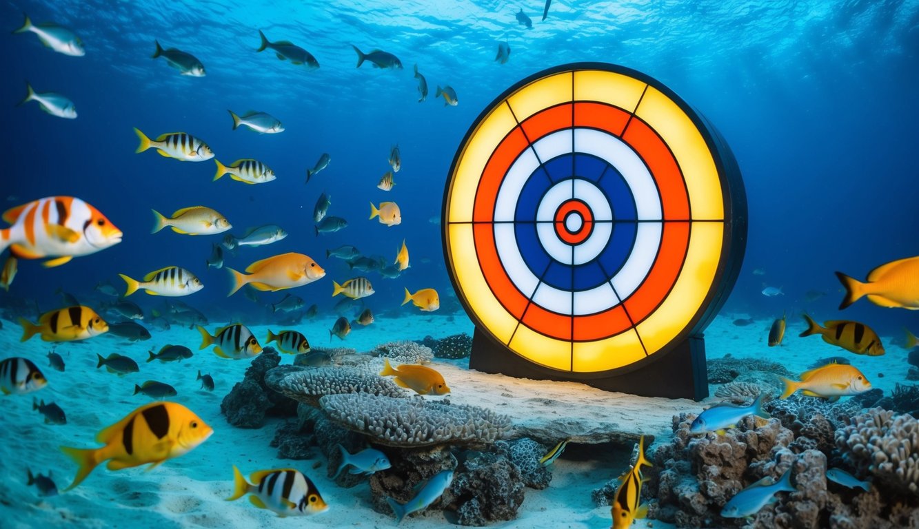 Sebuah pemandangan bawah air yang berwarna-warni dengan berbagai ikan yang berenang di sekitar target jackpot besar yang bersinar