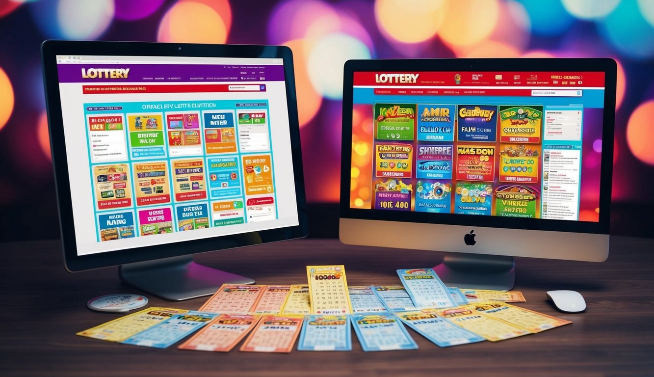 Sekumpulan tiket lotere berwarna-warni dan layar komputer yang menampilkan berbagai situs judi online