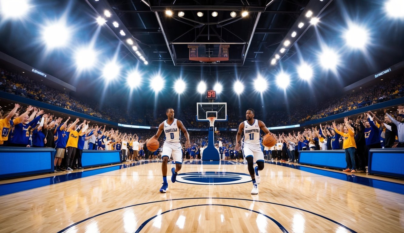 Sebuah lapangan basket dengan dua tim yang bermain, dikelilingi oleh penggemar yang bersorak dan lampu stadion yang terang