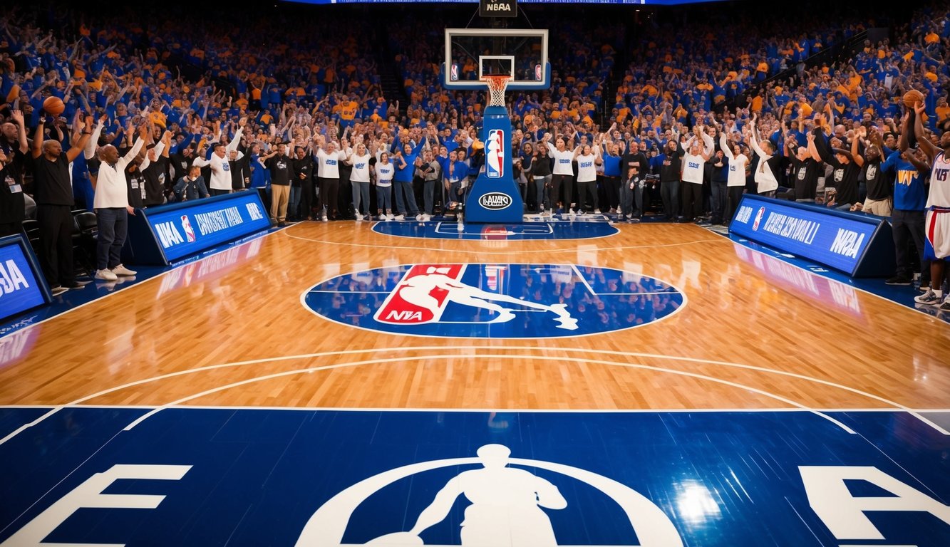 Sebuah lapangan basket dengan logo NBA, dikelilingi oleh penggemar yang bersorak