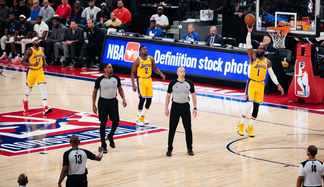 Sebuah lapangan basket dengan pemain, wasit, dan penonton selama pertandingan NBA