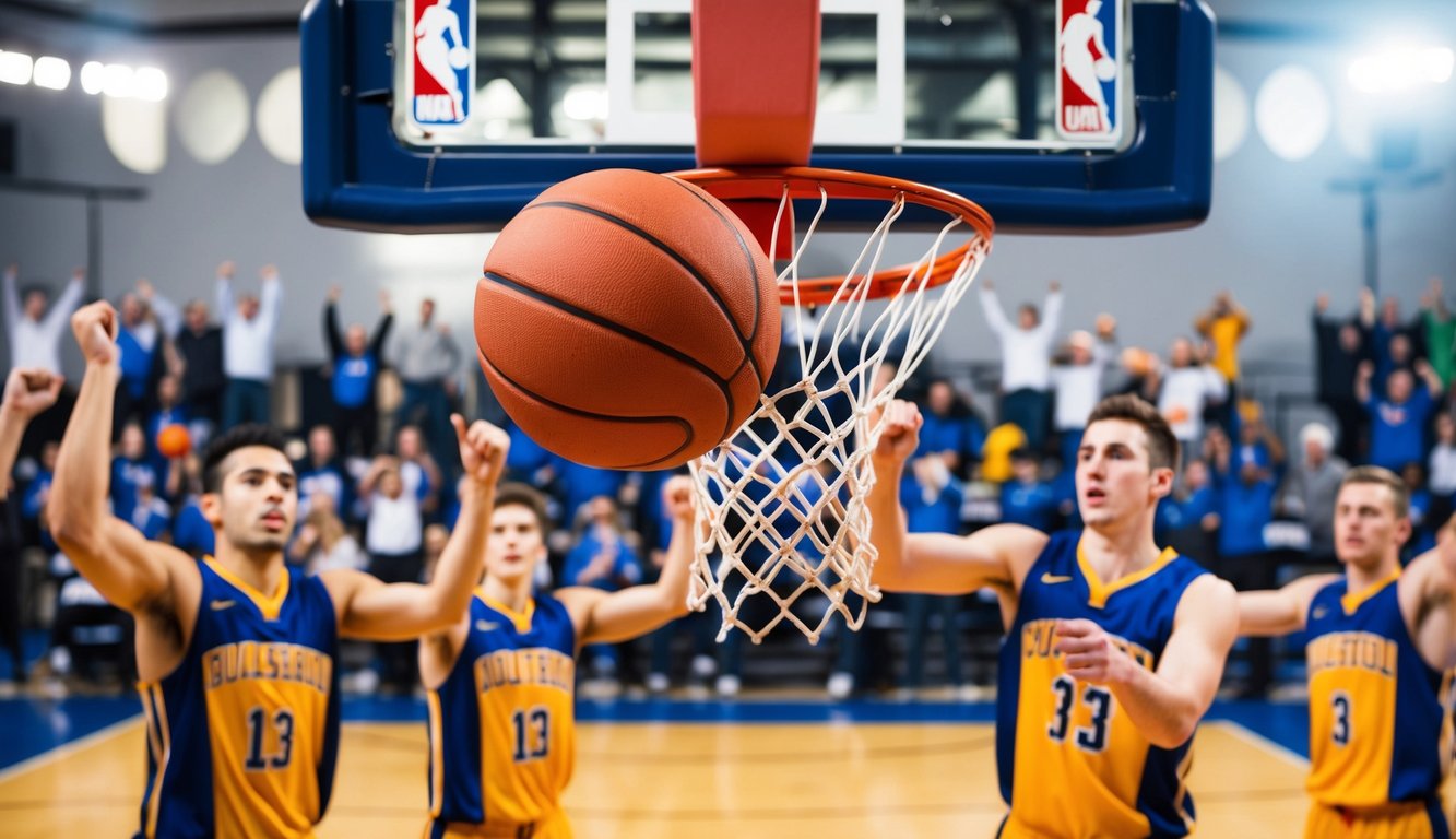 Sebuah bola basket memantul melalui ring, dikelilingi oleh penggemar dan pemain yang bersorak di lapangan