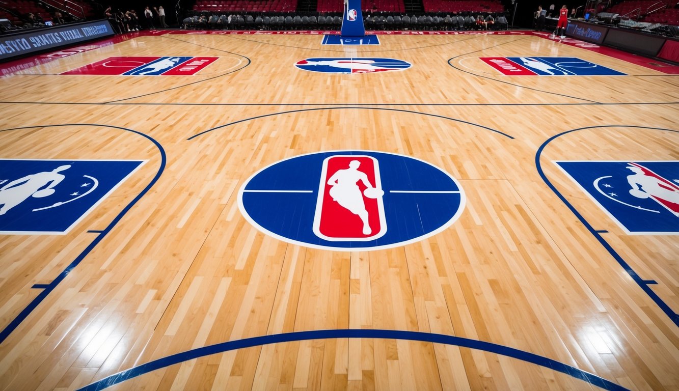 Sebuah lapangan basket dengan logo NBA tersebar di seluruh lantai