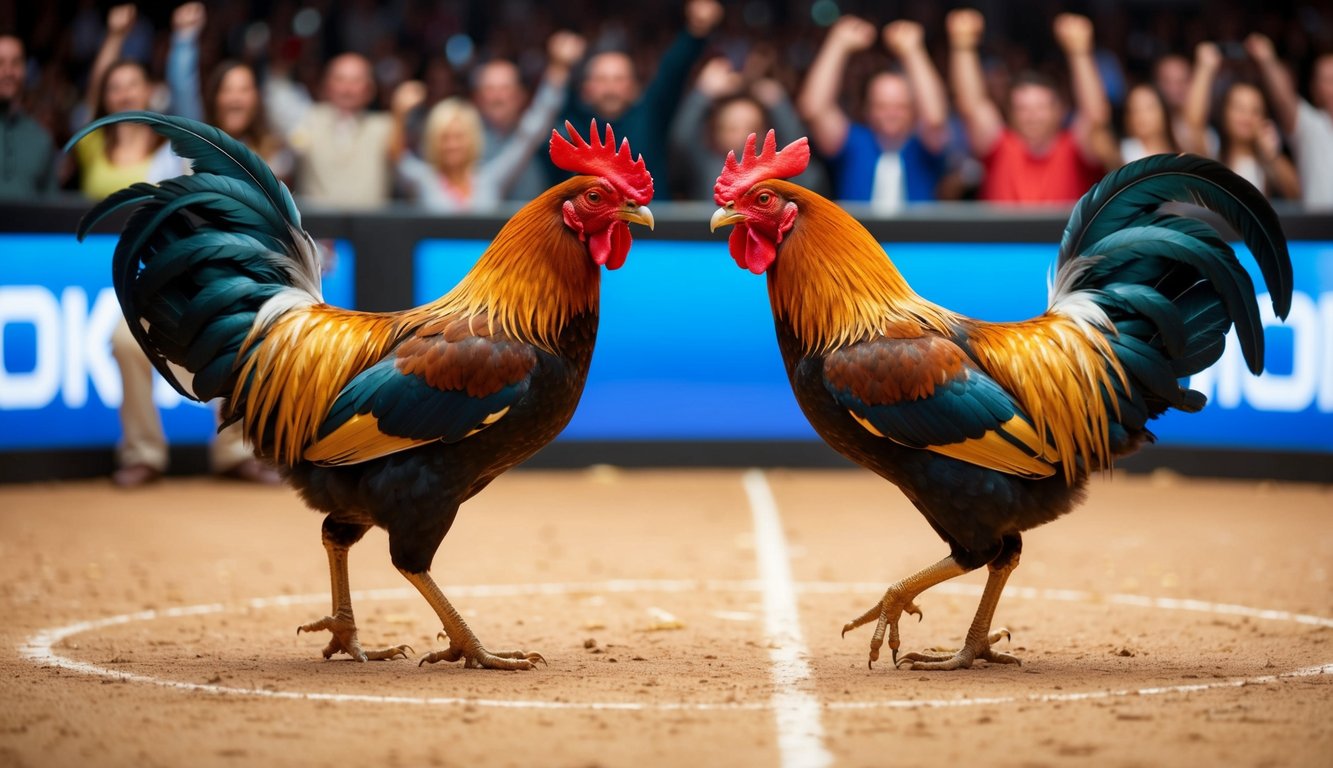 Dua ayam jantan berhadapan di arena sabung ayam virtual, dikelilingi oleh kerumunan penonton online yang bersorak