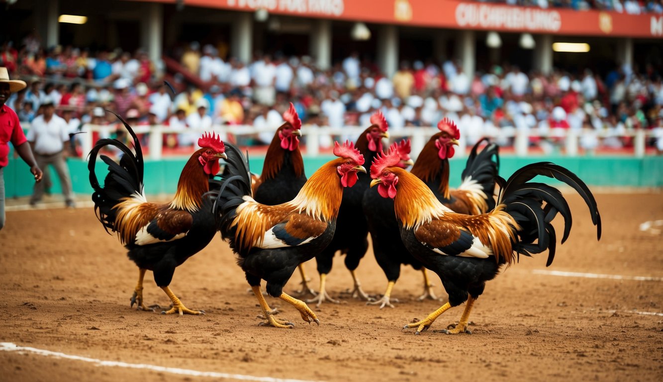 Sebuah arena yang ramai dengan ayam jantan bertarung dalam acara sabung ayam tradisional. Penonton bersorak dan memasang taruhan saat pertandingan yang intens berlangsung.