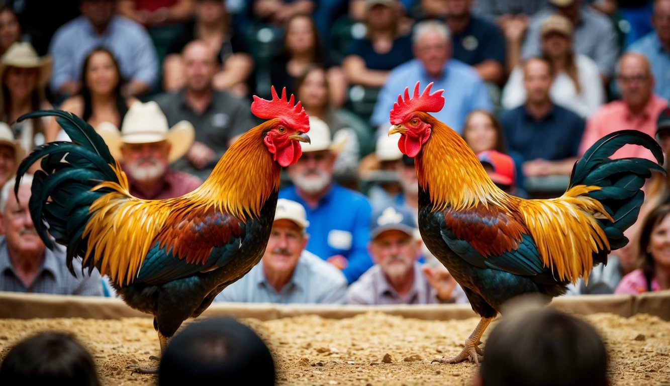 Dua ayam jantan berhadapan di arena yang ramai, dikelilingi oleh penonton yang antusias