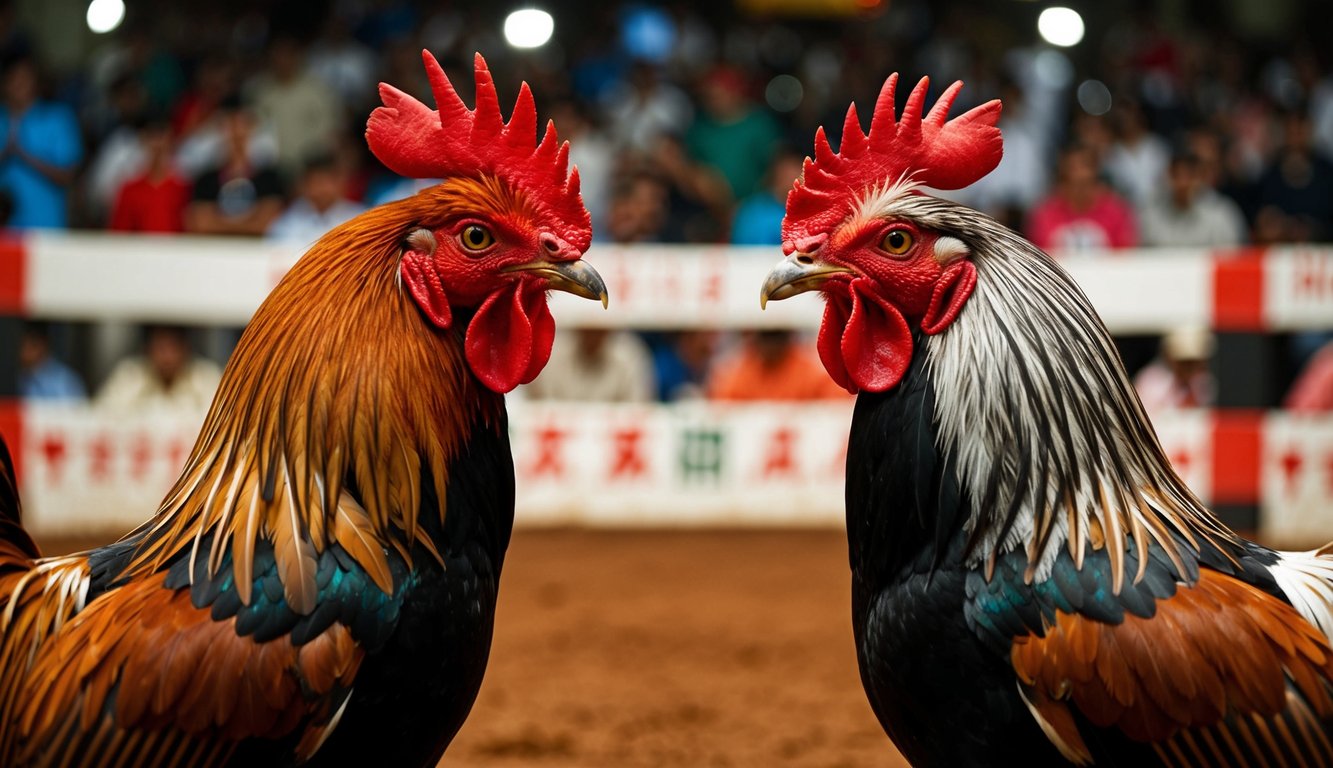 Dua ayam jantan berhadapan di arena yang ramai, bulu-bulu mereka mengembang, paruh terbuka, dan siap bertarung dalam acara sabung ayam tradisional