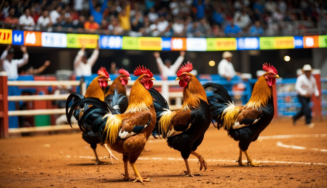 Sebuah arena sabung ayam yang ramai dengan penonton yang bersorak dan ayam jantan berwarna-warni di tengah pertarungan yang sengit