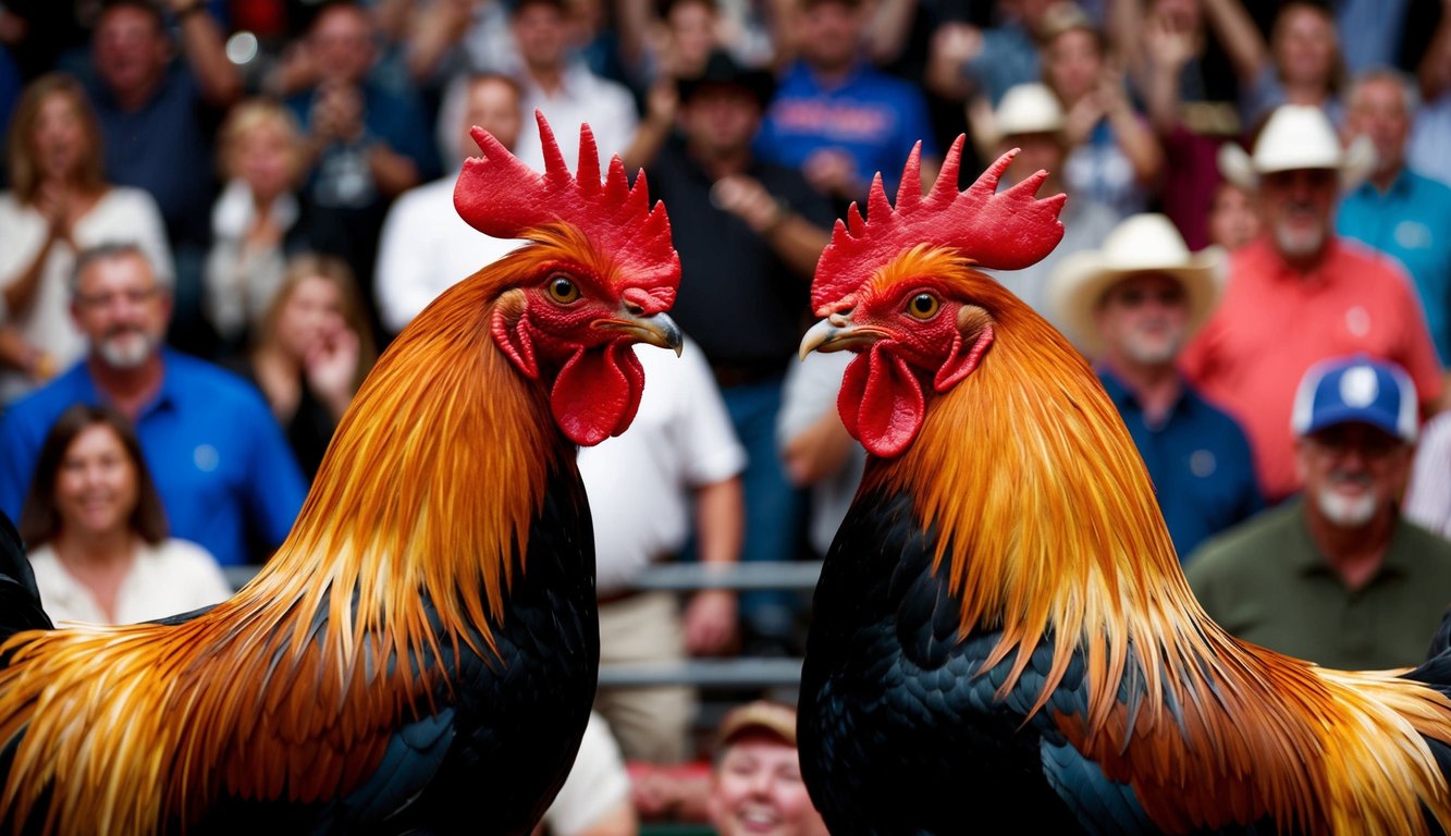 Dua ayam jantan berhadapan di arena yang ramai, dikelilingi oleh penonton yang bersorak.