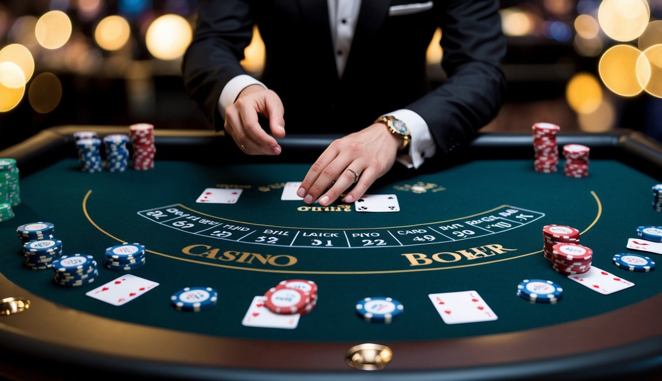 Sebuah meja blackjack online yang ramping dan modern dikelilingi oleh chip kasino virtual dan kartu, dengan dealer profesional siap untuk membagikan tangan berikutnya