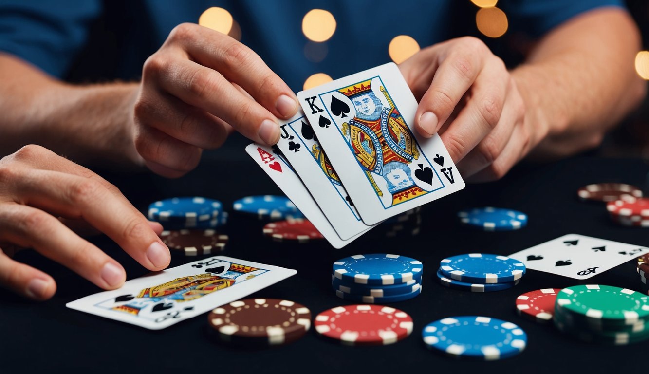 Seseorang yang menang di blackjack online, dikelilingi oleh kartu dan chip virtual