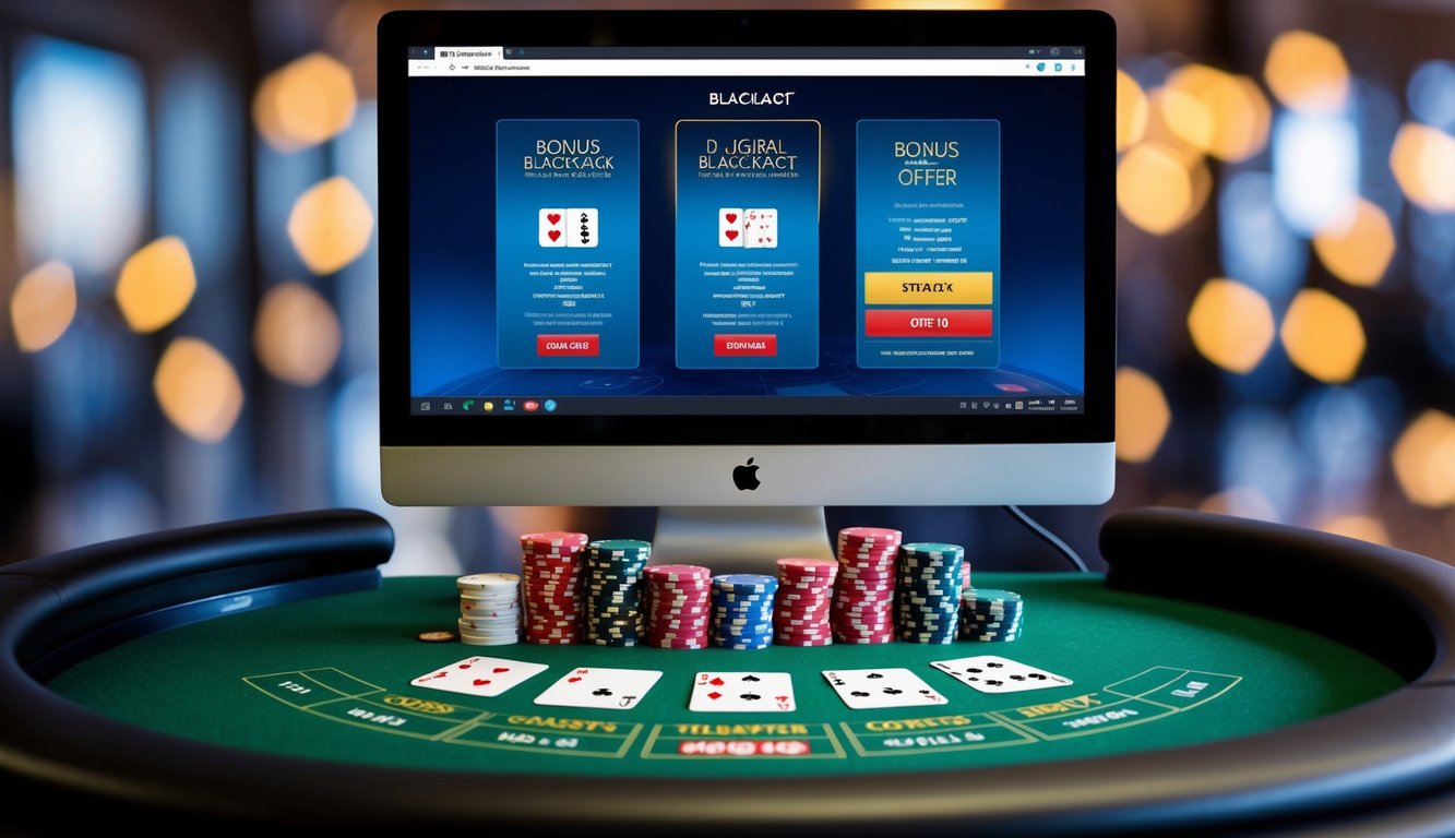 Sebuah meja blackjack virtual dengan kartu dan chip digital, layar komputer yang menampilkan tawaran bonus, dan antarmuka yang ramping dan modern