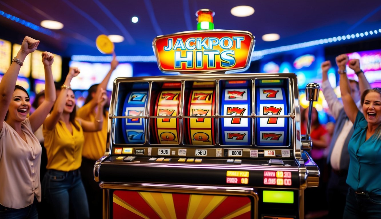 Sebuah mesin slot berwarna-warni dengan lampu berkedip dan gulungan yang berputar, dikelilingi oleh penonton yang bersemangat bersorak saat jackpot tercapai