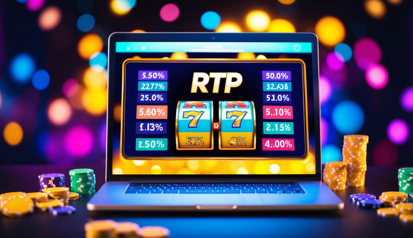 Mesin slot online berwarna-warni dengan persentase RTP tinggi ditampilkan di layar, dikelilingi oleh lampu terang dan grafik yang cerah