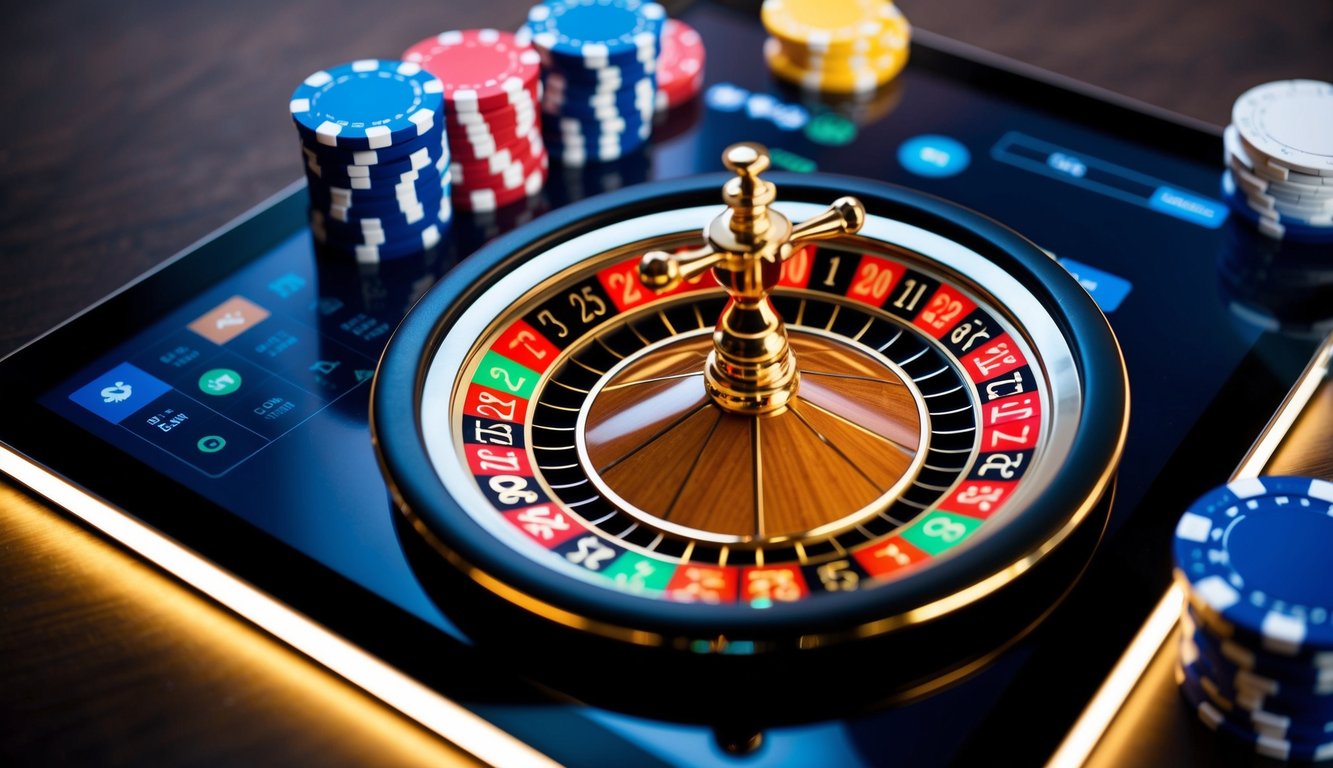 Roda roulette digital berputar di layar yang bersinar, dikelilingi oleh chip berwarna-warni dan antarmuka taruhan yang ramping