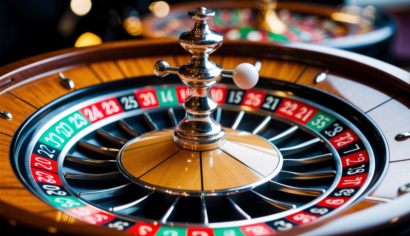 Roda roulette yang berputar dengan slot bernomor berwarna-warni dan bola putih kecil yang melompat-lompat