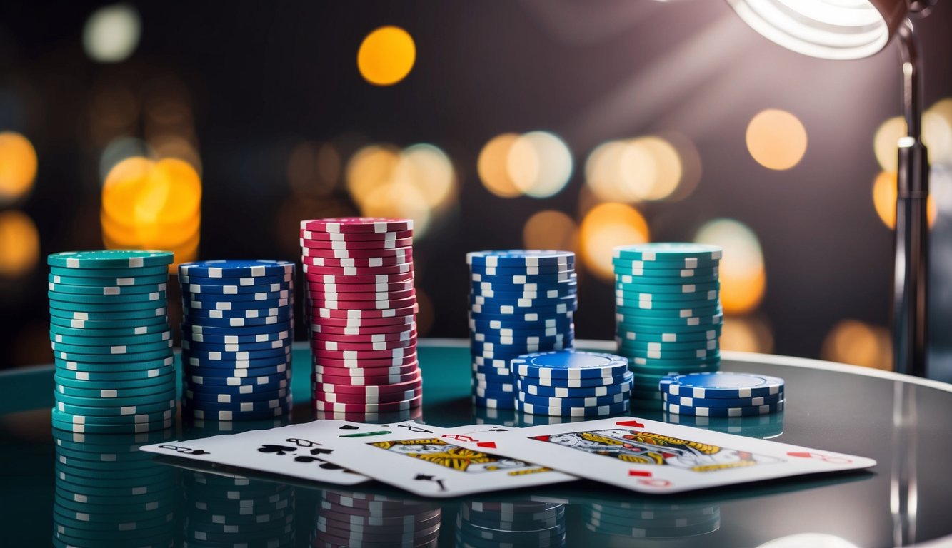 Sekelompok chip poker dan kartu bermain yang disusun di atas meja modern yang ramping, dengan sorotan lampu yang menyoroti warna-warna cerah