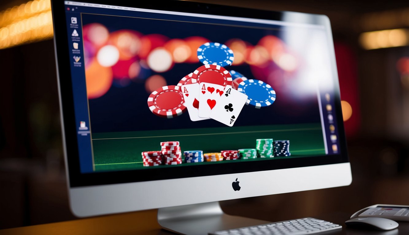 Sebuah layar komputer menampilkan tangan poker yang menang dengan chip dan kartu virtual