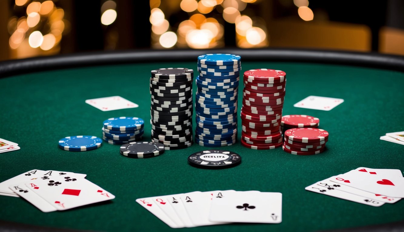 Sekelompok chip poker yang disusun di atas meja felt hijau, dengan kartu-kartu berserakan di sekelilingnya dan tombol dealer diletakkan di tengah