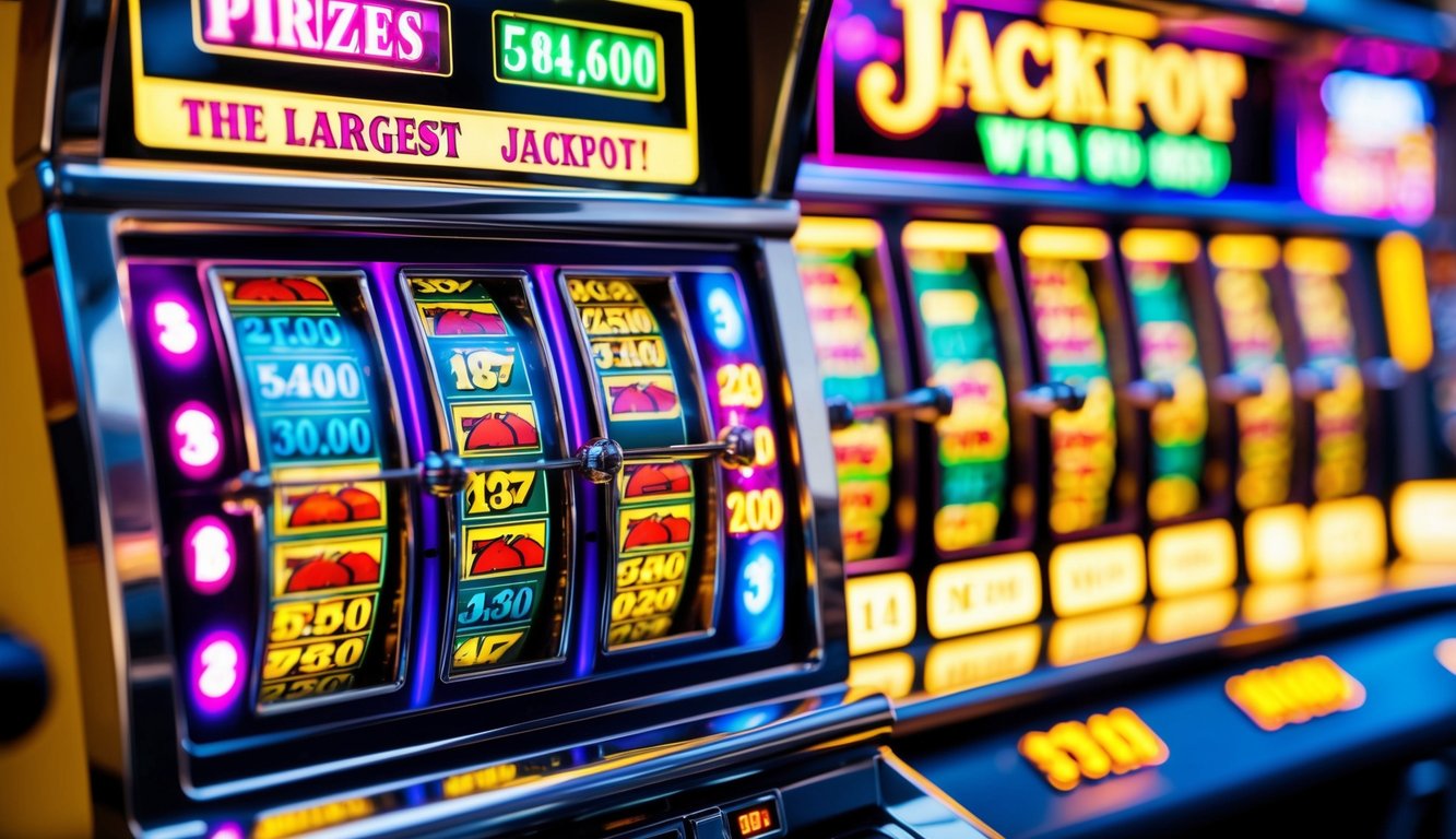 Sebuah mesin slot berwarna-warni dengan lampu berkedip dan gulungan berputar, menampilkan hadiah jackpot terbesar