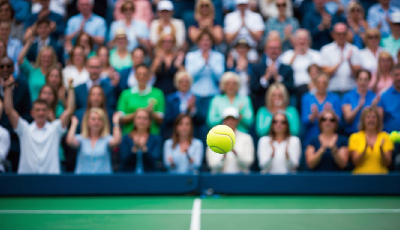 Sebuah bola tenis yang memantul di lapangan hijau cerah, dikelilingi oleh kerumunan penonton yang bersorak