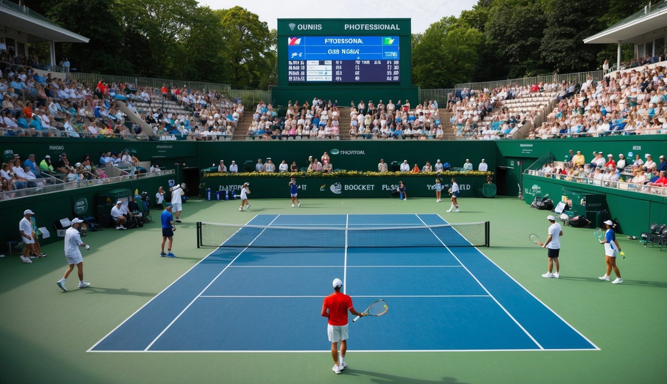 Sebuah lapangan tenis dengan jaring, dikelilingi oleh penonton dan pemain, dengan papan skor yang menampilkan pertandingan yang sedang berlangsung