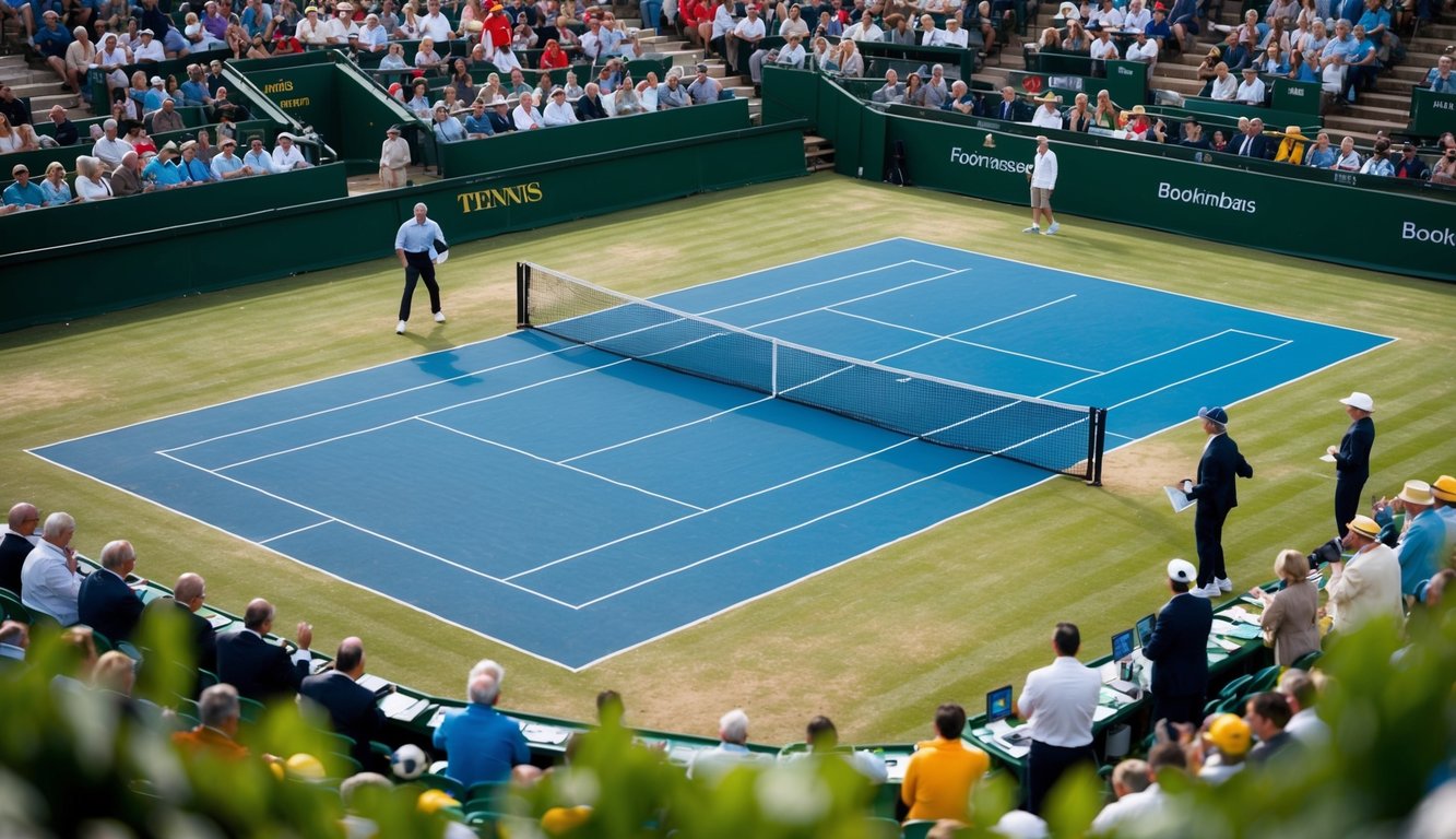 Sebuah lapangan tenis dengan jaring, dikelilingi oleh penonton dan bandar yang memasang taruhan