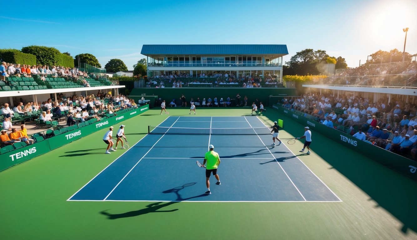 Sebuah pertandingan tenis yang sedang berlangsung di lapangan yang cerah dan terkena sinar matahari, dengan pemain yang sedang beraksi dan penonton yang menonton dari tribun.