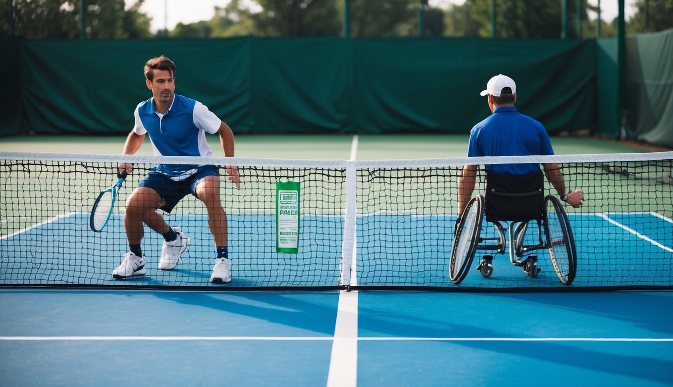 Sebuah lapangan tenis dengan jaring dan dua pemain di sisi yang berlawanan, satu dengan cacat yang terlihat