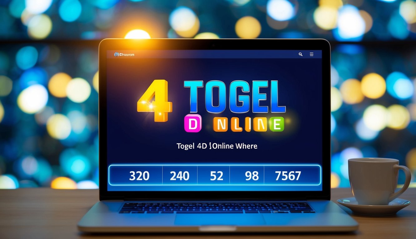 Antarmuka digital yang bersinar menampilkan angka Togel 4D online dengan grafik berwarna-warni dan desain yang ramping dan modern