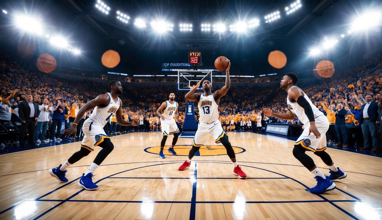 Sebuah lapangan basket dengan pemain yang sedang beraksi, dikelilingi oleh penggemar yang bersorak dan lampu stadion yang terang