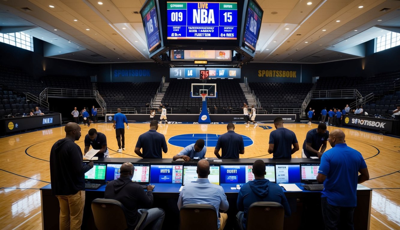 Sebuah lapangan basket dengan layar besar yang menampilkan peluang pertandingan NBA secara langsung dan sekelompok orang yang memasang taruhan di meja taruhan.