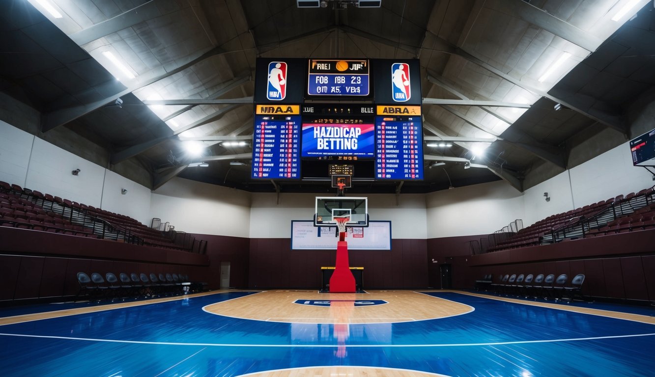 Sebuah lapangan basket dengan papan skor yang menampilkan tim NBA dan tampilan taruhan handicap